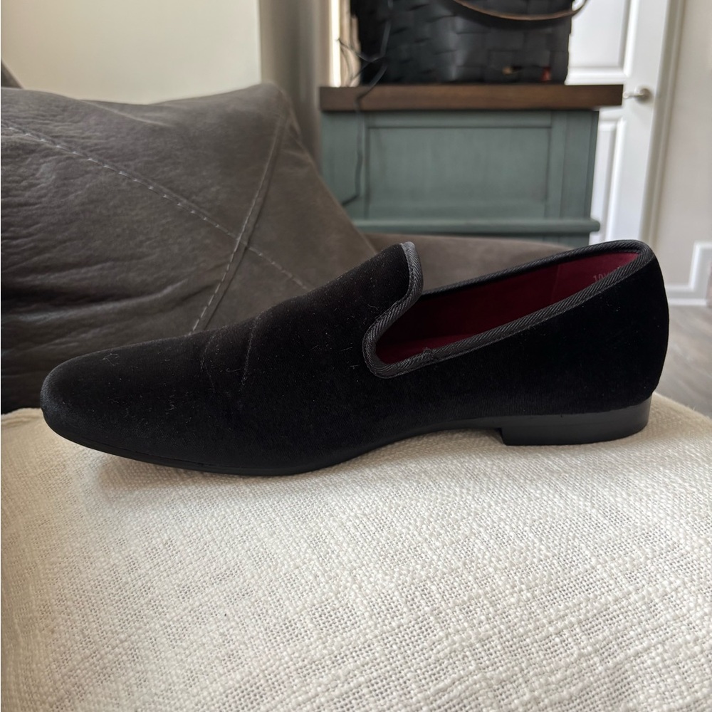 Joseph Abboud Black Velvet Slip-On Loafers with Wine Interior